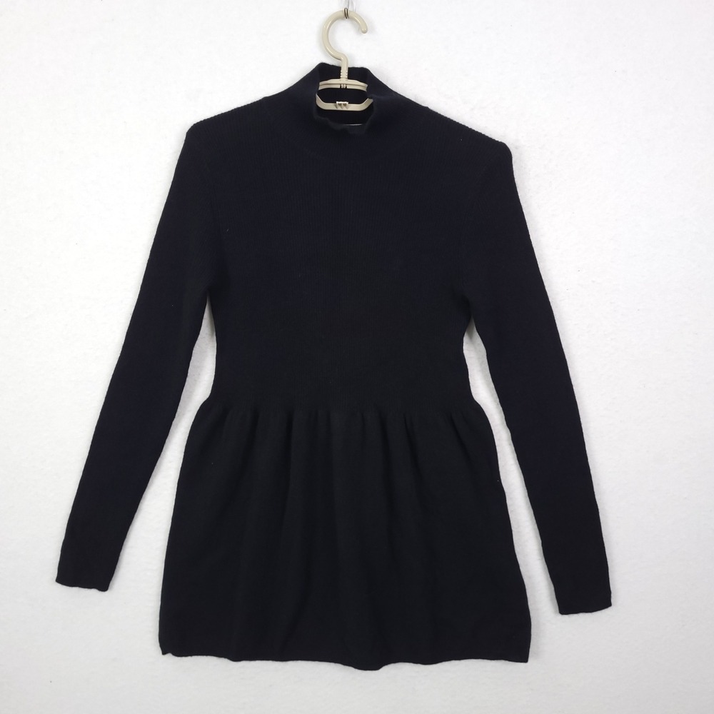 Neiman Marcus Peplum Sweater Women M Black Cashmere Mock Neck Ribbed Long Sleeve